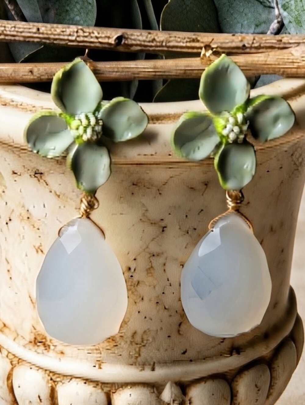 Handpainted Green Jade & Flowers In Chunky Feminine Gold Plated Earrings